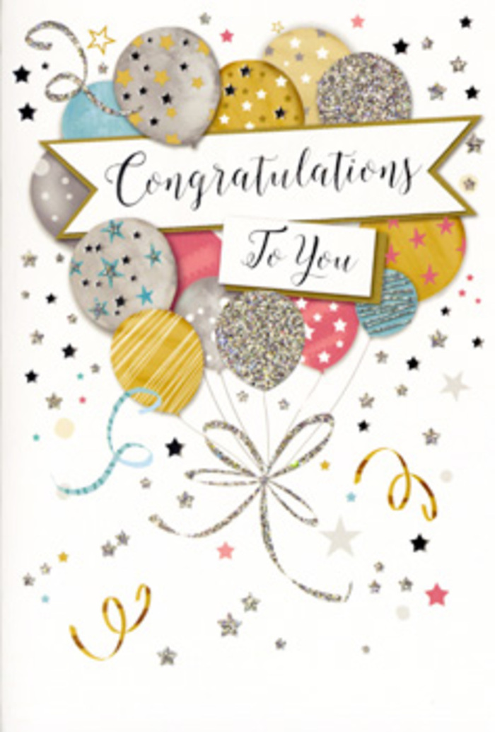The image shows a sophisticated congratulations card whose design immediately calls to mind a well-deserved celebration somewhere between Hatton's busy offices and the calm of nearby residential streets. At the centre, a lush arrangement of illustrated balloons rises in a loose bouquet, their shapes overlapping in a natural, almost weightless cluster. The colour story is soft and graceful: warm gold, cool silver, champagne beige, airy sky blue, tender blush pink, and pale grey, each balloon decorated with its own pattern of twinkling stars, fine stripes, or gently scattered specks that glisten as though touched by subtle evening light. These metallic details appear slightly raised, hinting at the pleasant sensation of textured glitter and smooth foil under your fingertips as you hold the card. A fine, curling ribbon in shimmering gold and silver descends from the base of the balloon cluster, forming relaxed loops that echo the way we tie celebratory wraps of flowers at Hatton Florist for new jobs and promotions. The background is kept light and unobtrusive, with delicate stars and curly ribbons drifting across the space like faint echoes of confetti thrown in joy. Cutting gracefully through the centre of the balloon arrangement is a wide banner, its soft curve holding an elegant, script-style message of congratulations that feels sincere and heartfelt. The overall impression is one of gentle sophistication and genuine happiness, the kind of card that pairs beautifully with fresh blooms delivered across Hatton and nearby areas, and that can sit proudly on a desk, reception counter, or windowsill as a lasting reminder of a milestone worth celebrating.