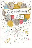 This congratulations card design captures a quiet, polished sense of festivity, as if freezing the happiest moment of a Hatton celebration in paper and ink. The artwork is dominated by a floating cluster of balloons placed centrally on the card, their rounded forms overlapping to create a soft, layered effect. Tones of brushed gold, soft silver, champagne, sky blue, blush pink, and gentle grey blend harmoniously, with each balloon carrying its own decoration-glimmering stars, fine stripes, or delicate specks of glitter that twinkle like city lights seen from the planes overhead. The subtle metallic finishes suggest a pleasingly tactile surface, part smooth, part lightly textured, inviting you to imagine tracing the contours of each pattern. A slender ribbon, rendered in intertwined strokes of gold and silver, falls gracefully from the base of the balloon bunch, looping into easy curls reminiscent of the ribbons we tie on congratulatory bouquets for deliveries near Hatton Cross. Around the central motif, the background is calm and lightly embellished, with scattered stars and fluid streamers that add movement while keeping the design elegant and uncluttered. Across the middle, a softly curving banner stretches over the balloons, bearing a beautifully scripted congratulations message that feels personal yet refined. The mood of the card is warm, joyful, and slightly glamorous, suitable for everything from exam success to a long-awaited promotion, and it would look perfectly at home propped beside fresh flowers on a hallway table in Hatton, quietly reminding the recipient of just how far they've come.